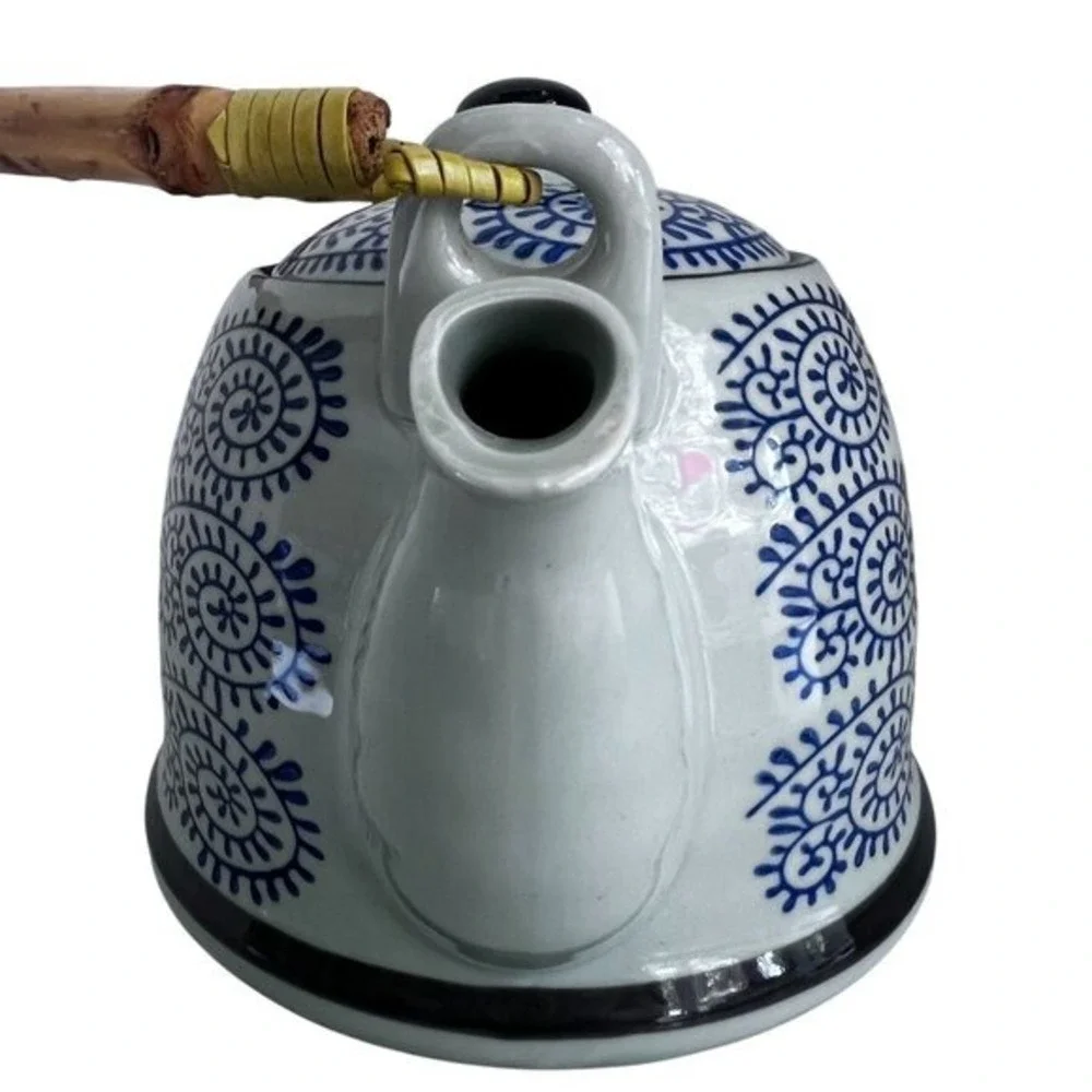 Iga Ware Handcrafted Ceramic Teapot Bamboo Handle Blue‎ White Swirl Design Vtg